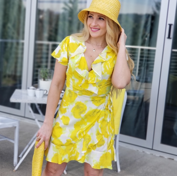 Sun Drenched Yellow Floral Wrap Mini Dress - Picture 1 of 6